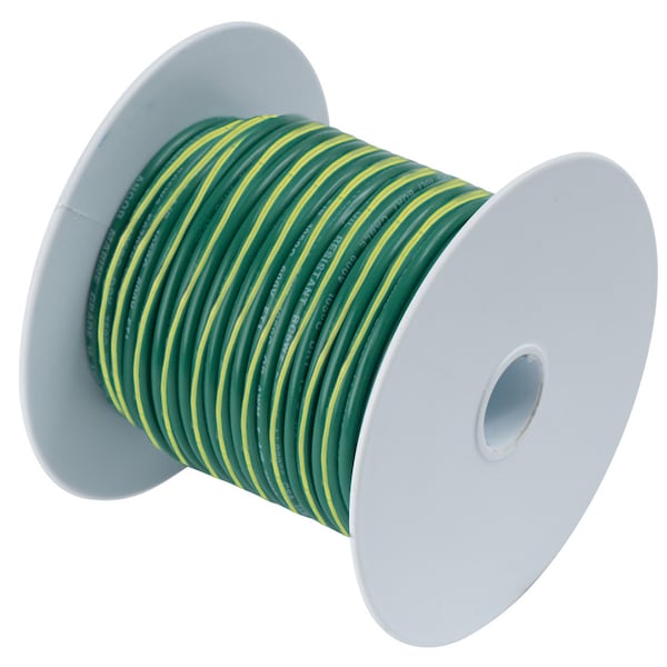 Primary Wire, Marine, 10 AWG, 1C C, Green with Yellow Stripe, Vinyl, Stranded, 600V, 25 ft.